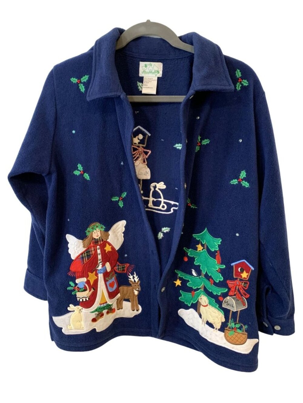 Quacker Factory 1X Christmas Fleece Jacket Angel Applique Holiday Grandma Core